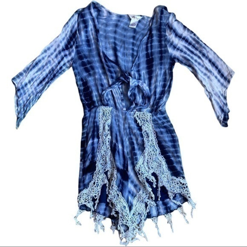 Lucky & Coco size small romper blue & white tie dye, front tie, lace dangling